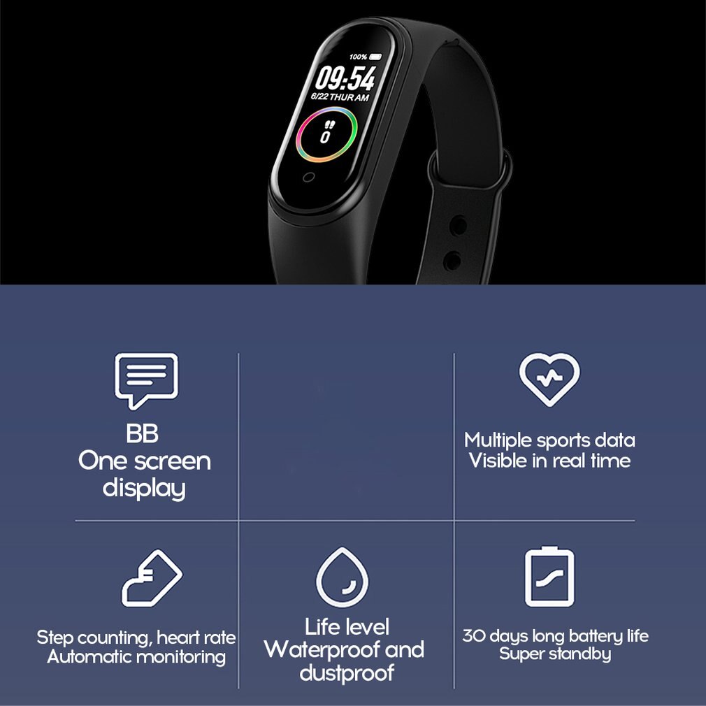M4 Color Smart Bracelet – Heart Rate, BP/SpO₂, IP67 Waterproof, 90mAh Battery eprolo