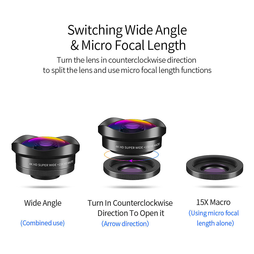 ESSAGER 4K Wide Angle & 15X Macro Lens for iPhone Huawei Samsung - 0.6X Distortion-Free HD Mobile Camera Lens eprolo