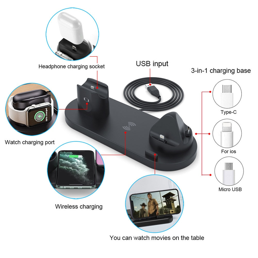 6-in-1 Wireless Charger Dock for iPhone/Android/Watch/AirPods, 10W Qi Fast Charging eprolo