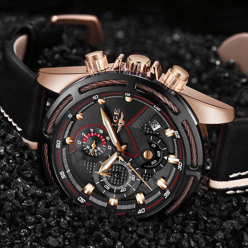 LIGE 9882 Men's Luxury Gold Sport Quartz Watch, Leather Band, Waterproof eprolo