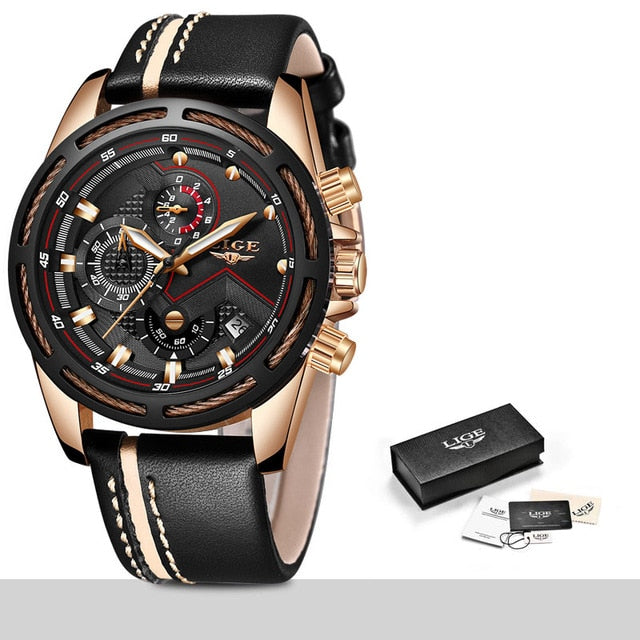 LIGE 9882 Men's Luxury Gold Sport Quartz Watch, Leather Band, Waterproof eprolo