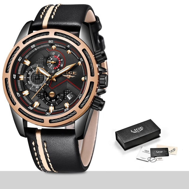 LIGE 9882 Men's Luxury Gold Sport Quartz Watch, Leather Band, Waterproof eprolo