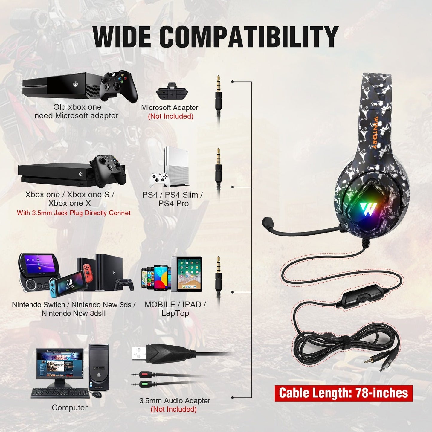 WINTORY M1 Camouflage Wired Gaming Headset with Mic & LED, 3.5mm Plug eprolo