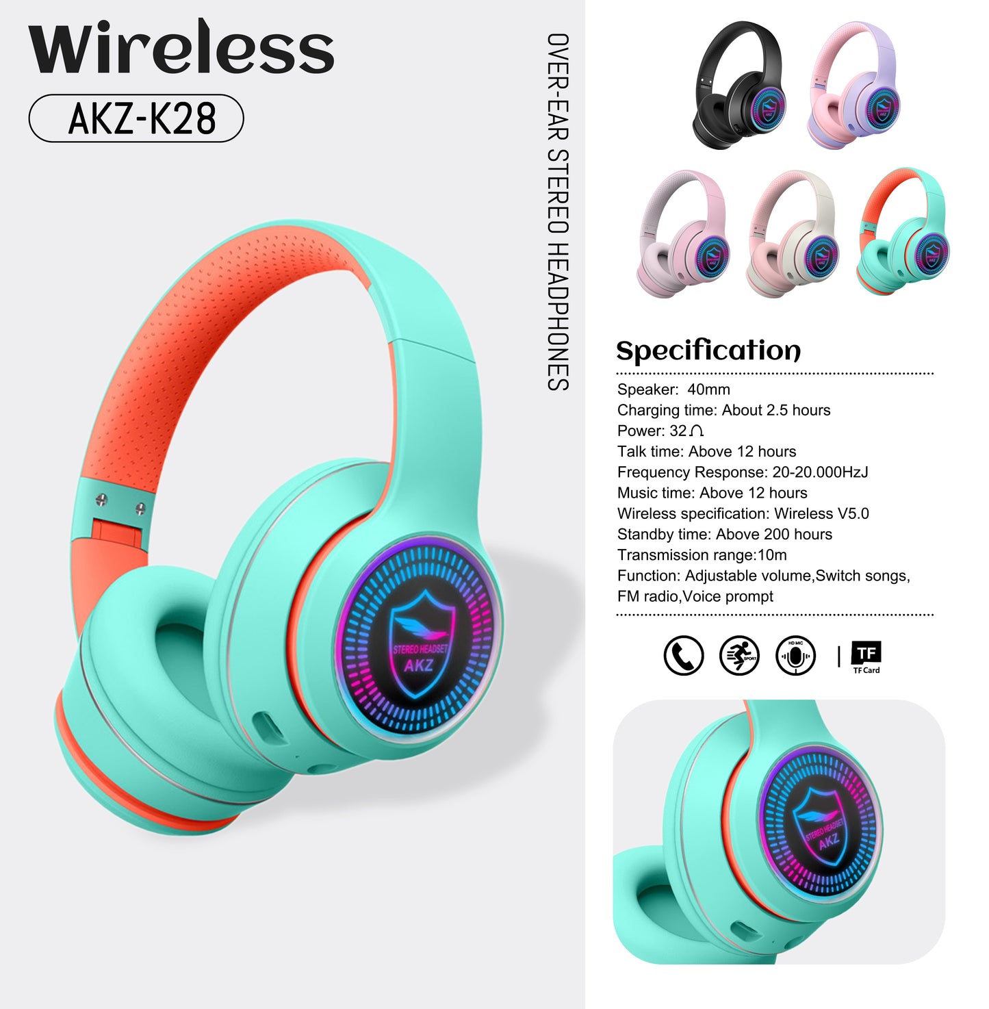 AKZ-K28 Wireless Bluetooth 5.0 Headset RGB Light Stereo TF/FM, 5 Colors eprolo