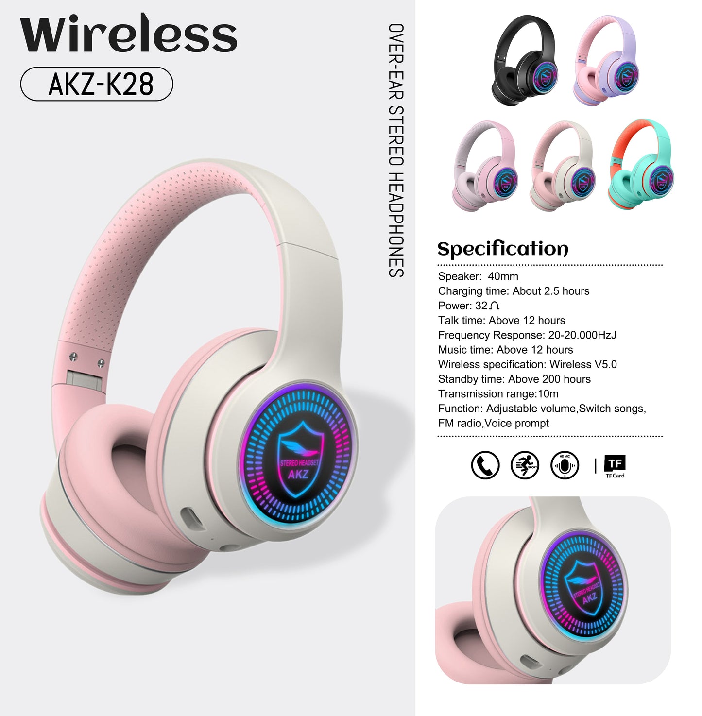 AKZ-K28 Wireless Bluetooth 5.0 Headset RGB Light Stereo TF/FM, 5 Colors eprolo