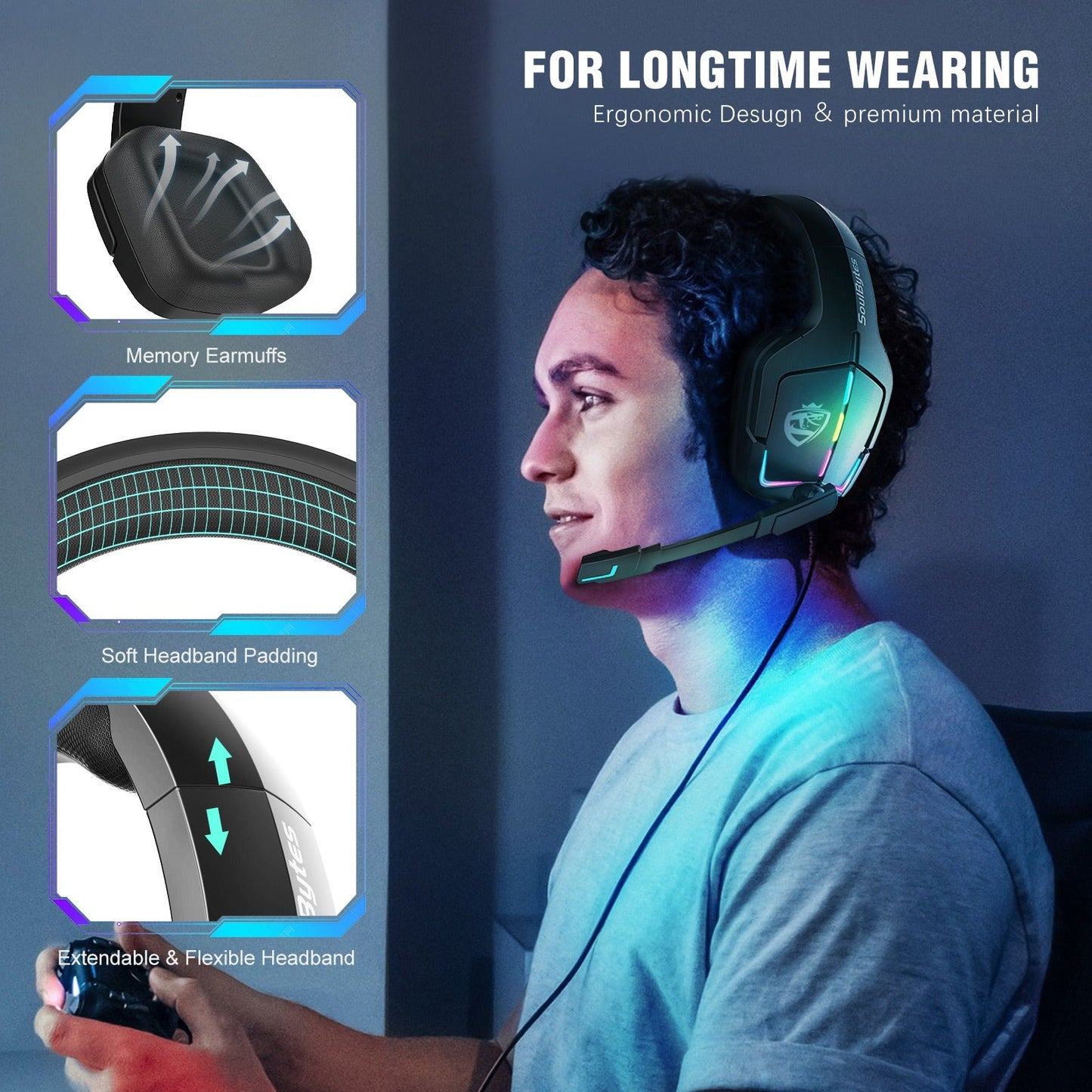 SoulBytes S12 RGB Gaming Headset, Stereo Sound Noise-Canceling Mic Multi-Platform eprolo