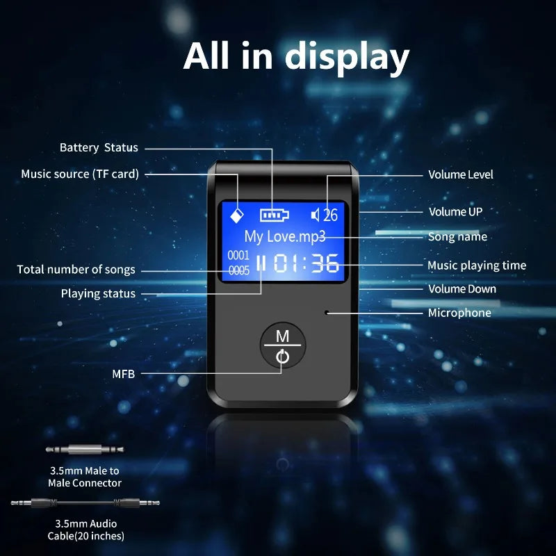 BT‑6 PRO Car & Home Bluetooth 5.0 Adapter AUX Receiver LCD Display eprolo