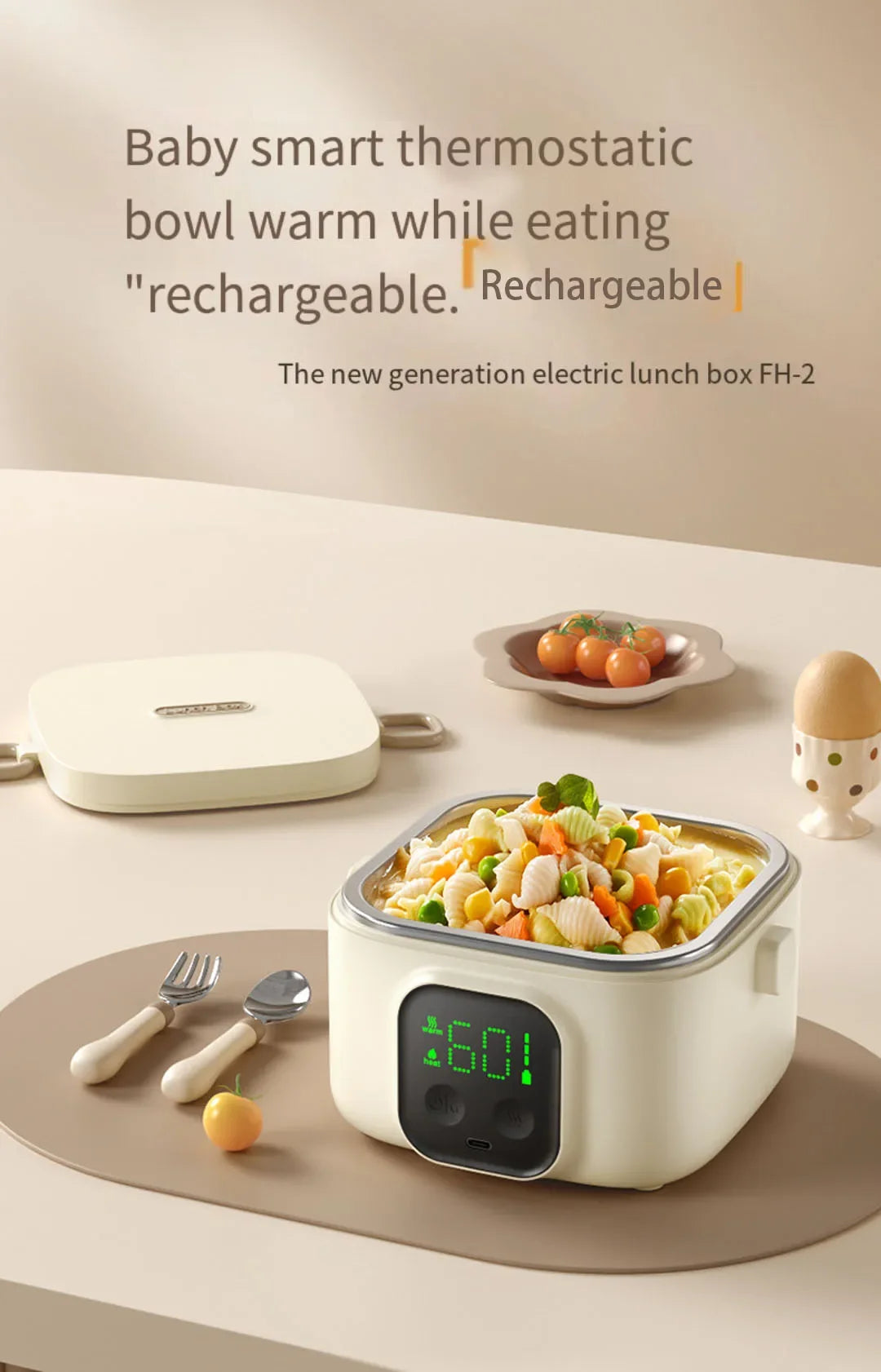 Portable Wireless Electric Heating Lunch Box 800ml/500ml LCD Display Rechargeable eprolo