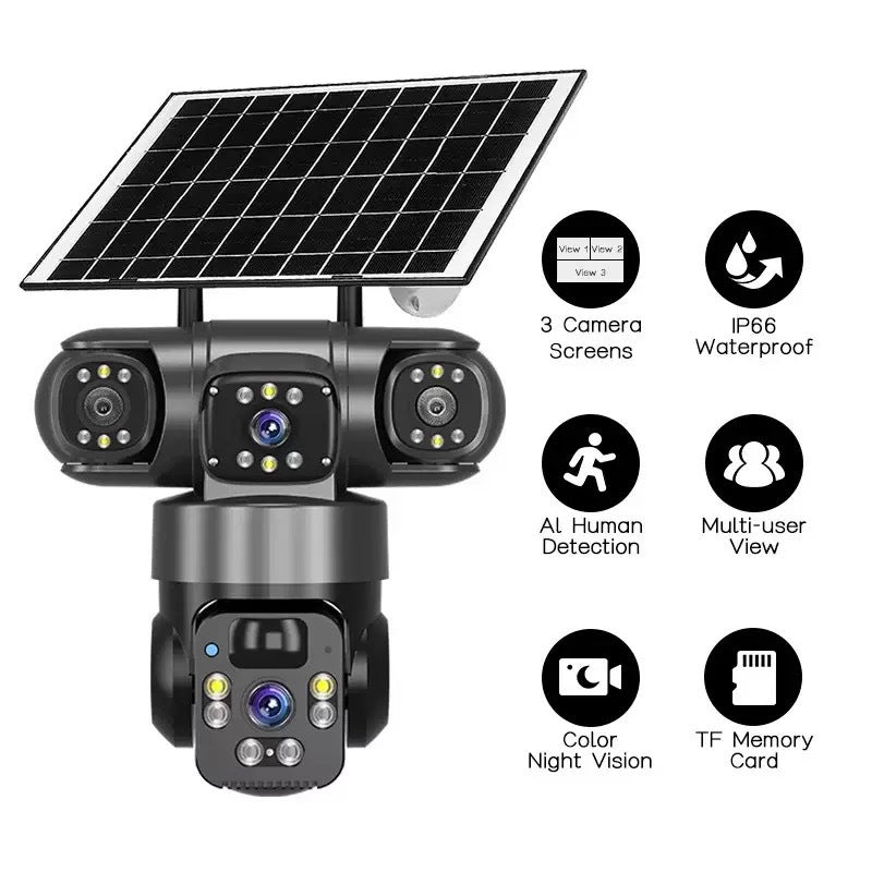 V380 360-Degree 3-Lens WiFi/4G Solar Security Camera with AI Detection, Night Vision, 3-Screen Monitoring eprolo