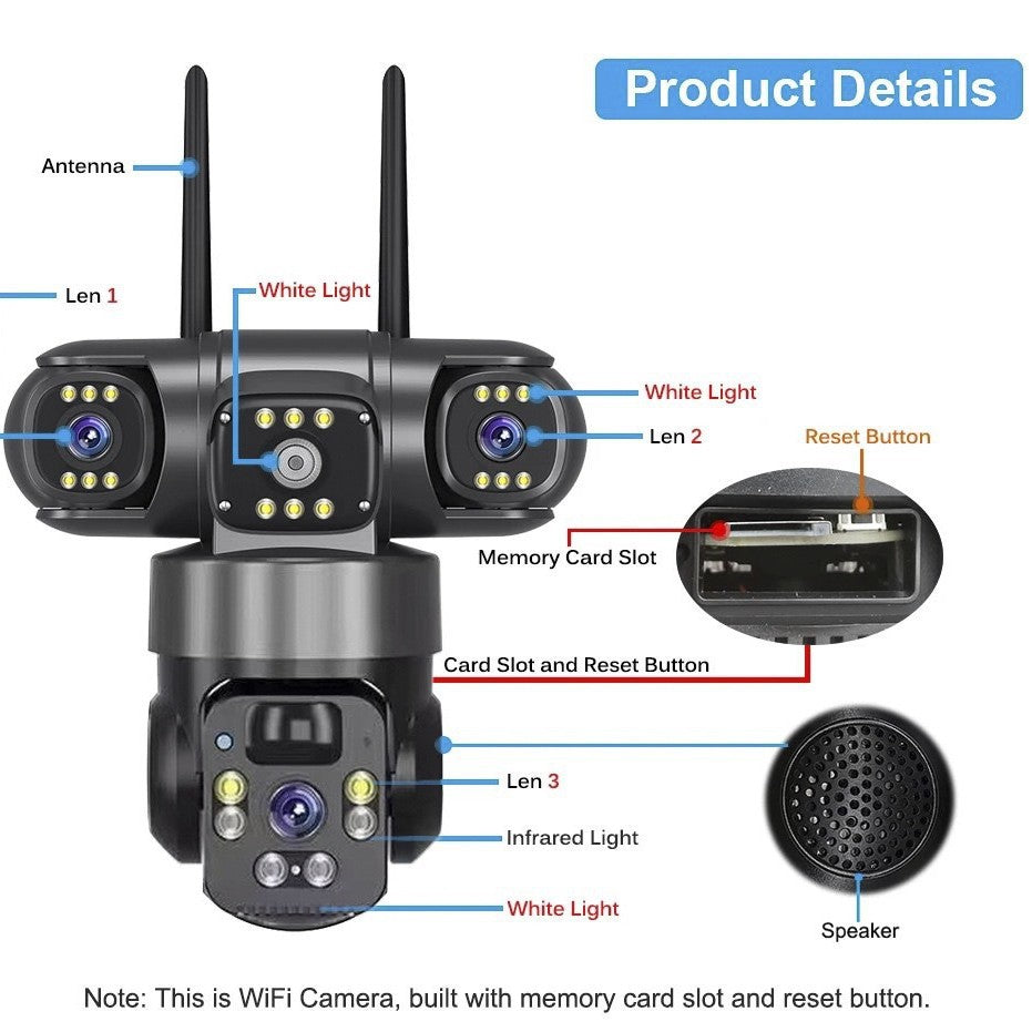 V380 360-Degree 3-Lens WiFi/4G Solar Security Camera with AI Detection, Night Vision, 3-Screen Monitoring eprolo