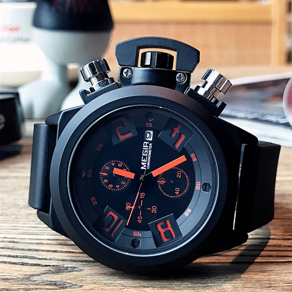 MEGIR 2002 Men's Military Chronograph Watch, 48mm Sport Quartz Watch Waterproof Black/White