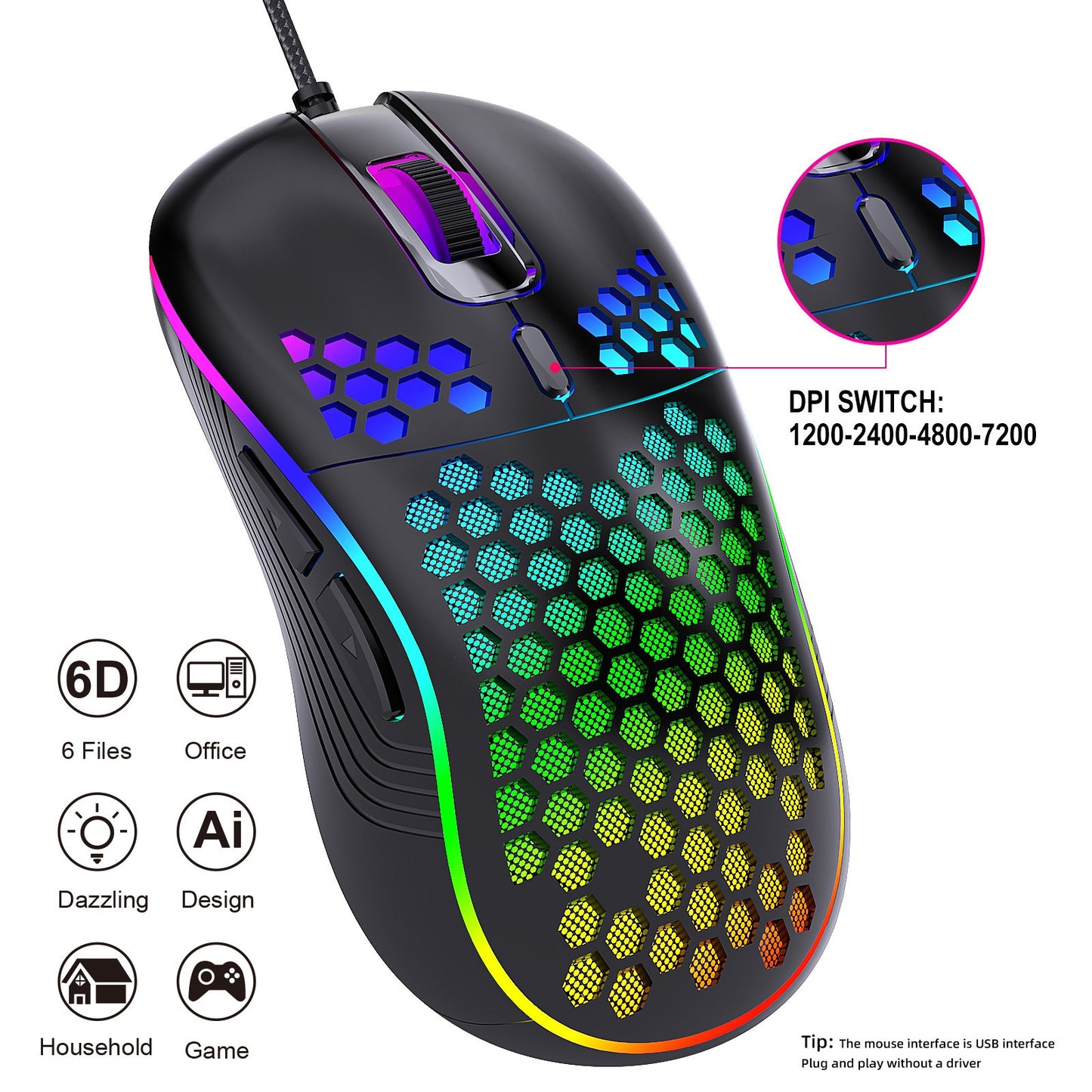 Honeycomb Lightweight Gaming Mouse 12000DPI RGB Wired Ergonomic Esports