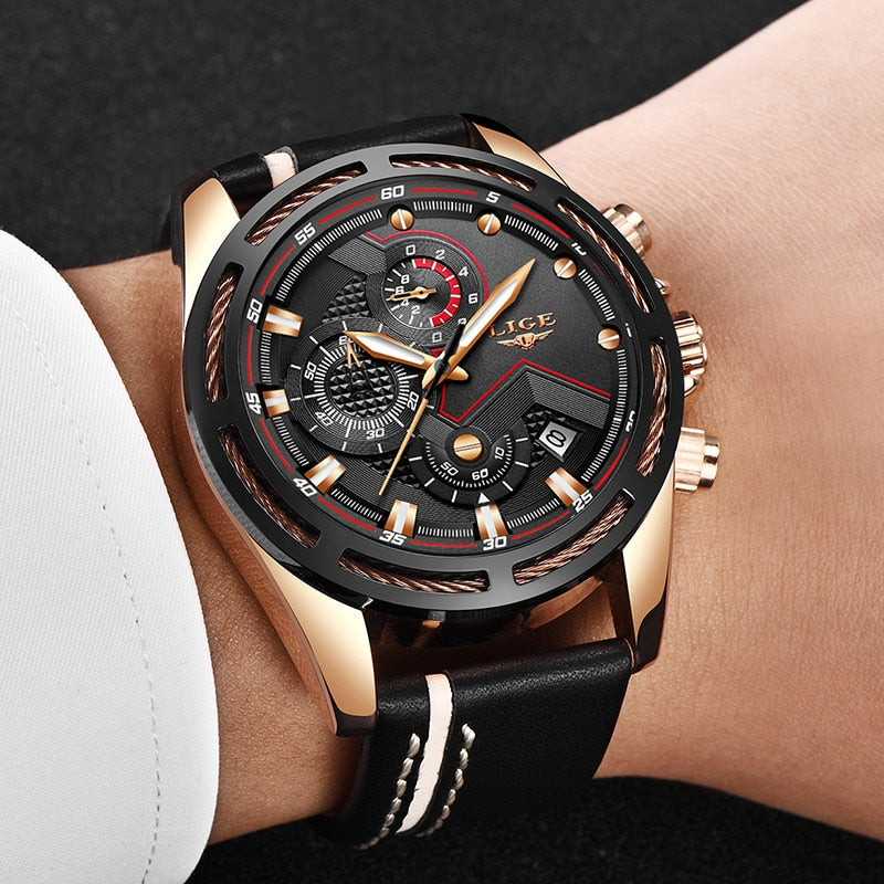 LIGE 9882 Men's Luxury Gold Sport Quartz Watch, Leather Band, Waterproof eprolo
