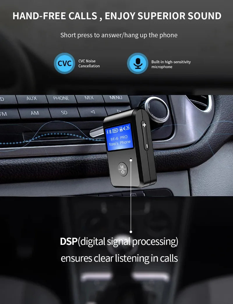 BT‑6 PRO Car & Home Bluetooth 5.0 Adapter AUX Receiver LCD Display eprolo