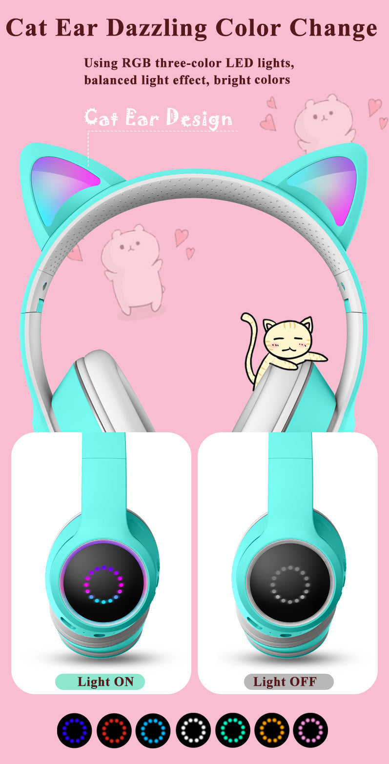 AKZ-K26 Cat Ear Bluetooth Headphones LED Wireless Stereo Mic TF Card AUX FM eprolo