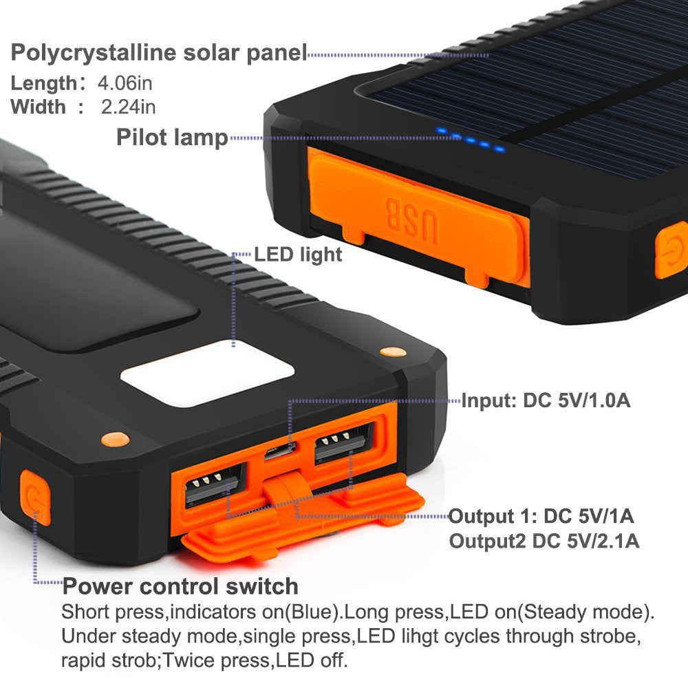 LED Solar Power Bank 20000mAh, Dual USB Ports, Waterproof, for Smartphones eprolo