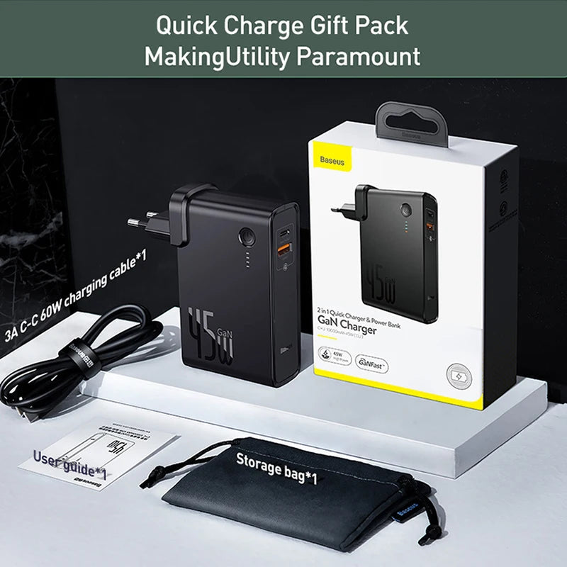 Baseus GaN Power Bank Charger 10000mAh 45W USB-C PD Fast Charging for Phones & Laptops eprolo
