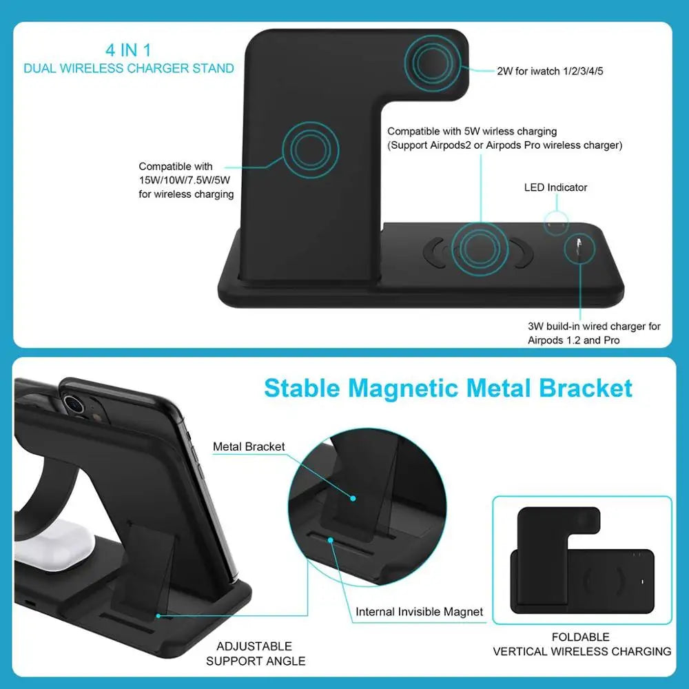 15W 4-in-1 Foldable Qi Fast Wireless Charger Stand for iPhone, Watch, AirPods & Android Devices eprolo