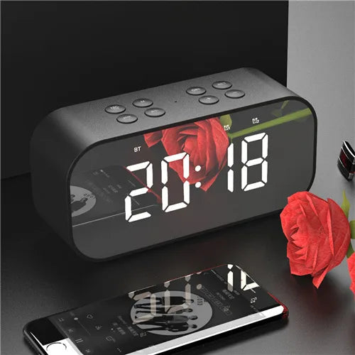 LED Mirror Bluetooth Speaker Clock Alarm Hands-Free Bass Portable Travel eprolo