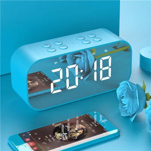 LED Mirror Bluetooth Speaker Clock Alarm Hands-Free Bass Portable Travel eprolo