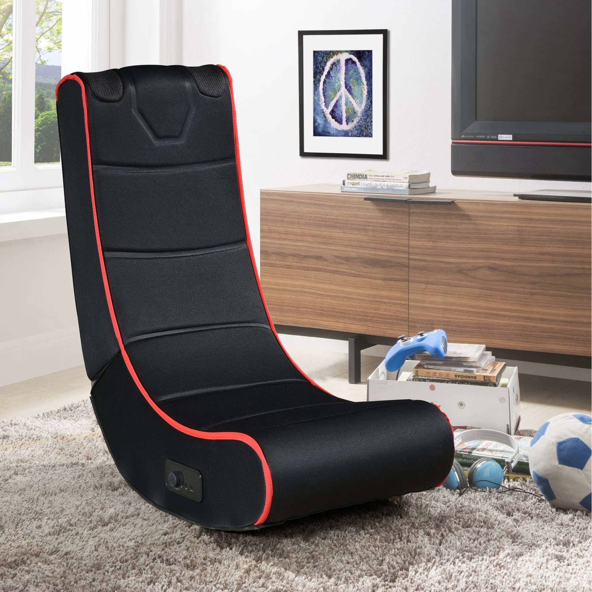 Foldable Gaming Chair w/ Bluetooth Speakers, Black/Red, Compatible w/ Consoles eprolo