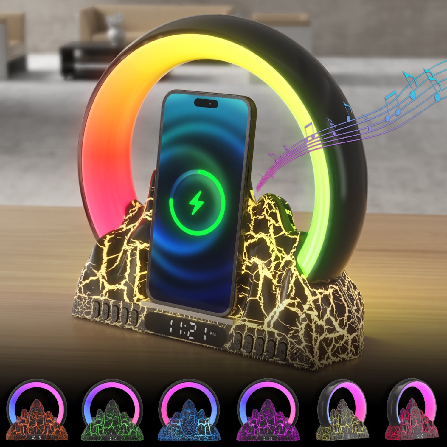 Smart Tuya APP Sunrise Flame Mountain Alarm Clock Night Light with 15W Wireless Charging & Bluetooth Speaker eprolo