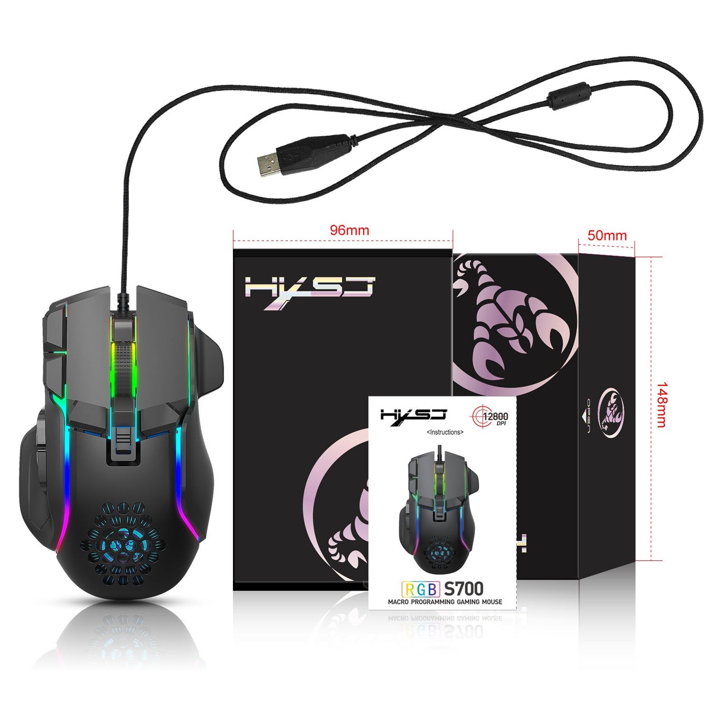 S700 Programmable RGB Gaming Mouse 12800 DPI 10 Keys Macro Mechanical Wired eprolo