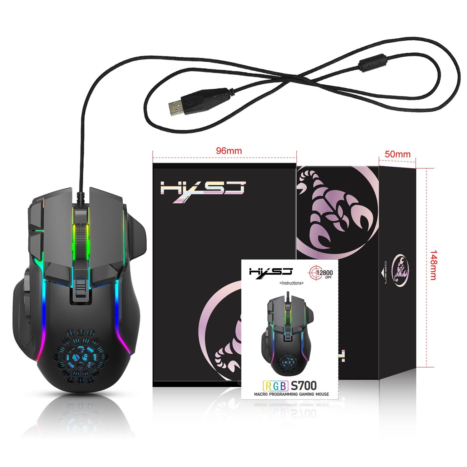 S700 Programmable RGB Gaming Mouse 12800 DPI 10 Keys Macro Mechanical Wired eprolo