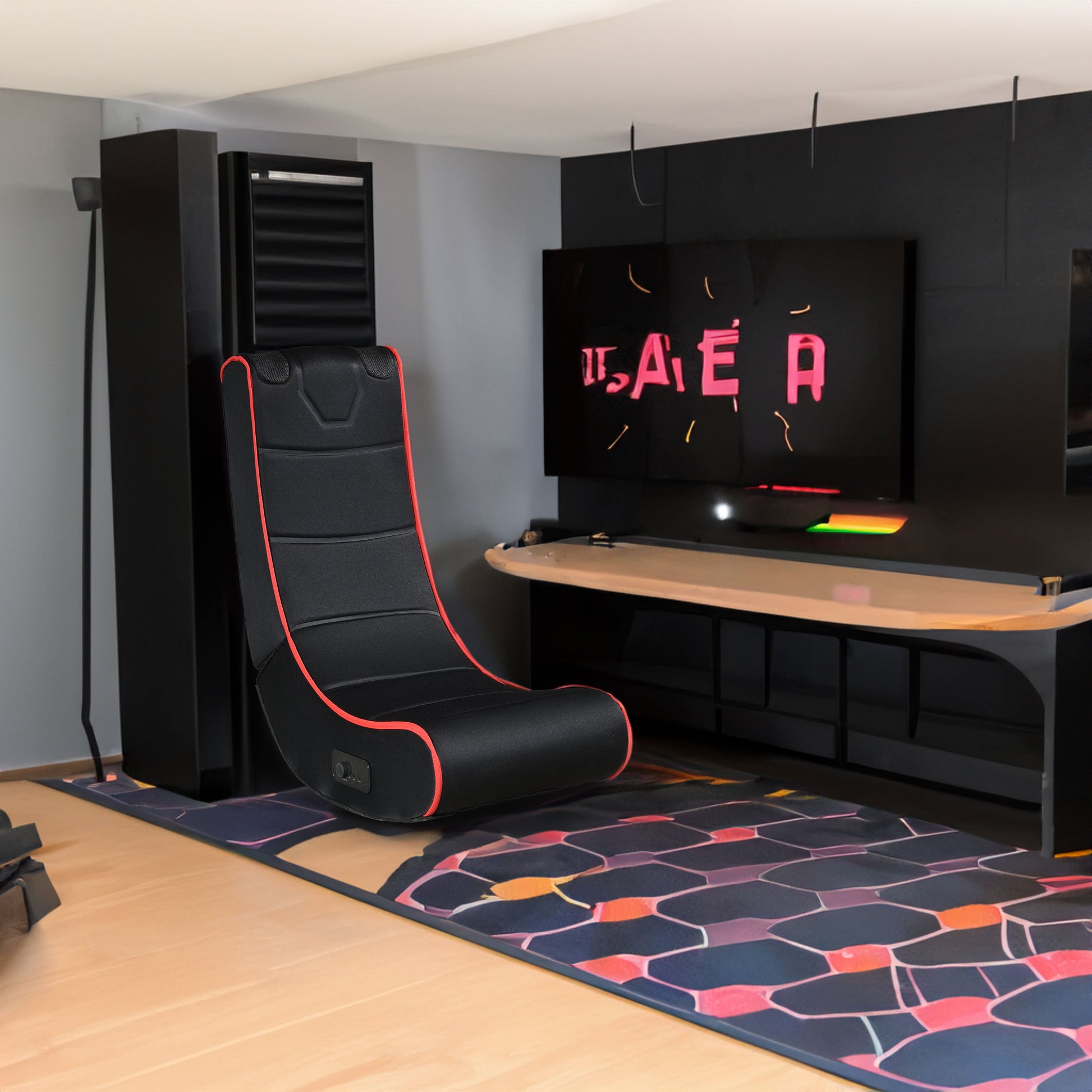 Foldable Gaming Chair w/ Bluetooth Speakers, Black/Red, Compatible w/ Consoles eprolo