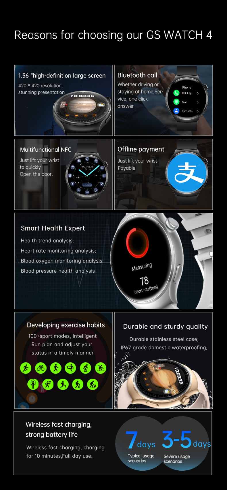 GS Watch 4 Smart Bracelet, Full‑Circle AMOLED, NFC, Health & Bluetooth Calls eprolo