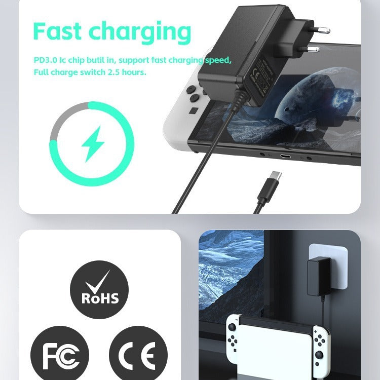 NS Switch Fast Charger Plug 15V PD3.0 with 1.5m Type-C Cable for TV Mode eprolo