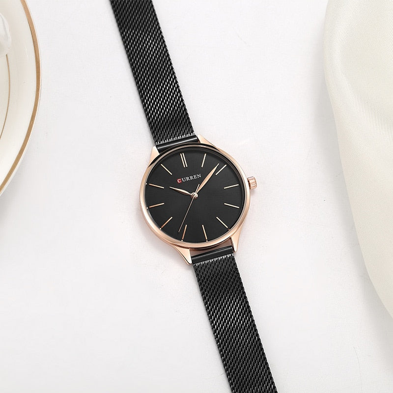 CURREN Women's Watch Luxury Rose Gold Milanese Steel Quartz Ladies Wristwatch