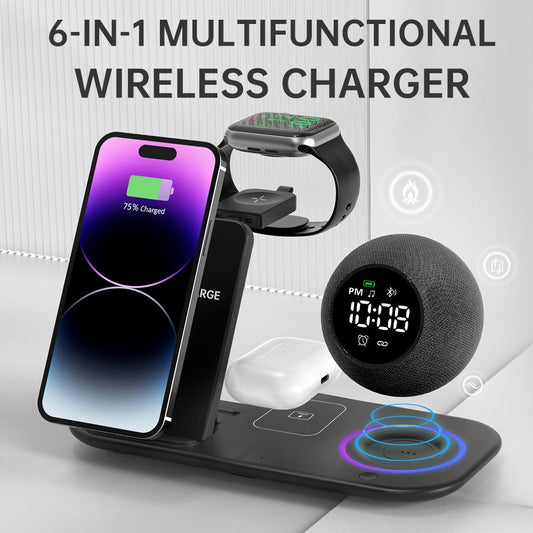 6-in-1 Wireless Charger Alarm Clock Speaker for Phone Watch Earbuds & More eprolo