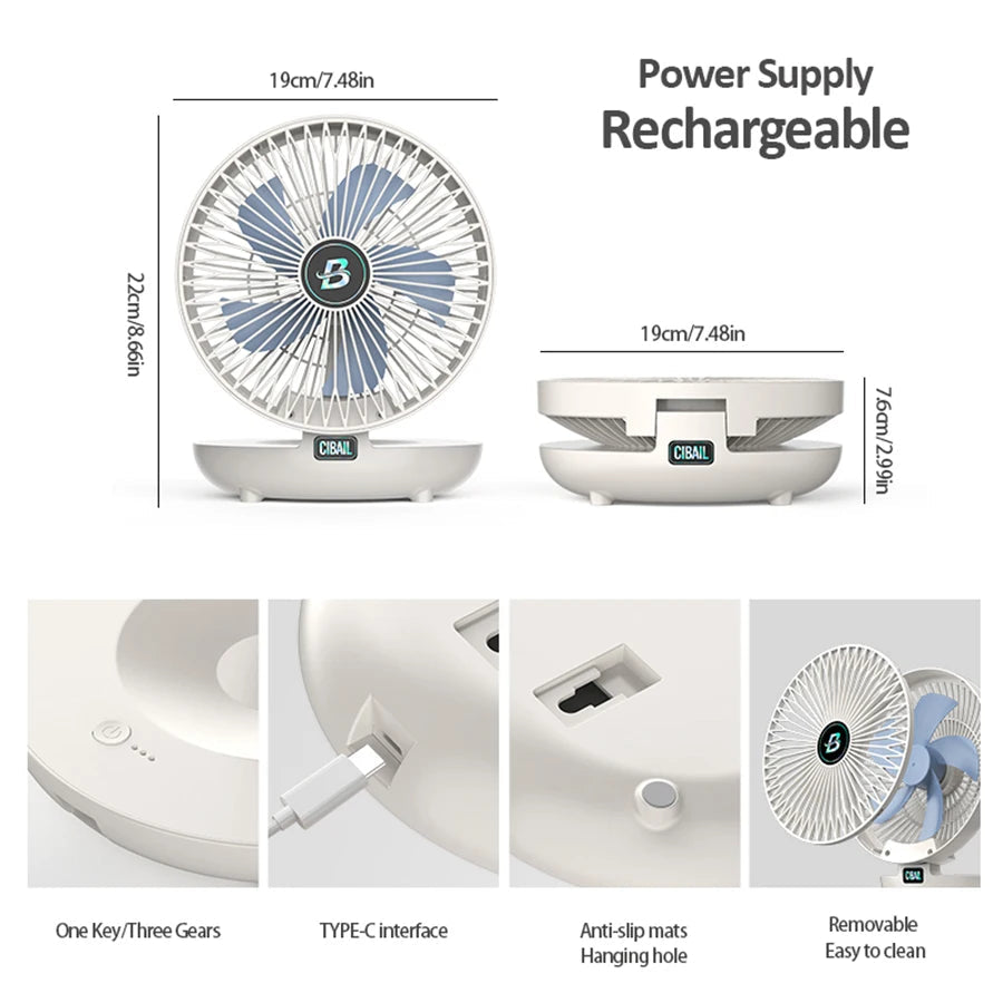 CIBAIL 2-in-1 Folding Desktop & Wall Mounted Fan, Rechargeable, 3 Gears, Quiet, Portable for Home Office eprolo
