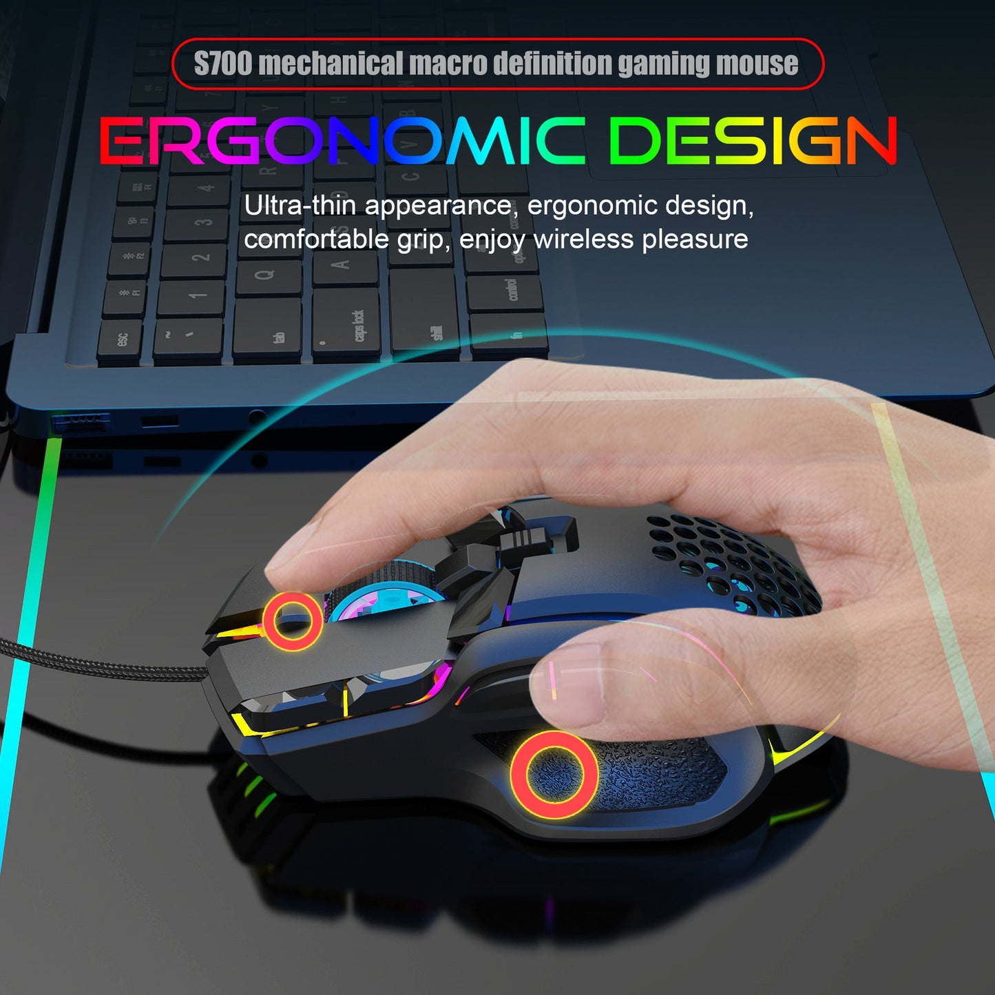 S700 Programmable RGB Gaming Mouse 12800 DPI 10 Keys Macro Mechanical Wired eprolo