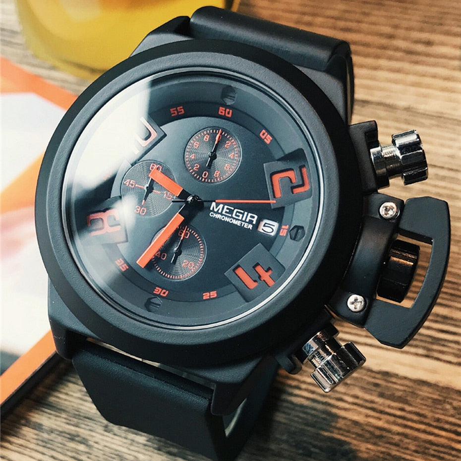 MEGIR 2002 Men's Military Chronograph Watch, 48mm Sport Quartz Watch Waterproof Black/White