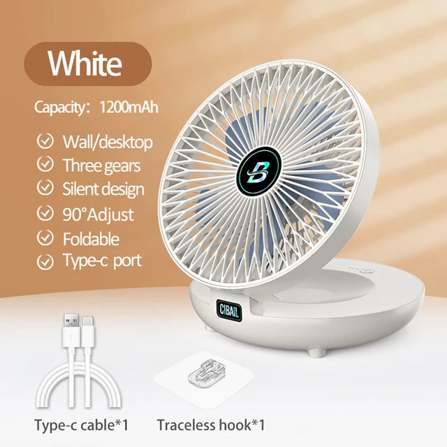 CIBAIL 2-in-1 Folding Desktop & Wall Mounted Fan, Rechargeable, 3 Gears, Quiet, Portable for Home Office eprolo