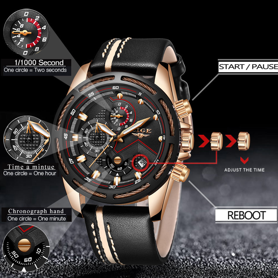 LIGE 9882 Men's Luxury Gold Sport Quartz Watch, Leather Band, Waterproof eprolo