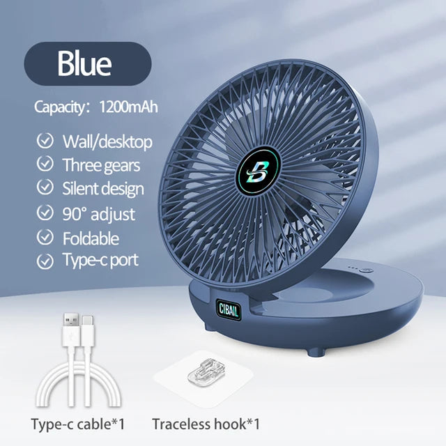 CIBAIL 2-in-1 Folding Desktop & Wall Mounted Fan, Rechargeable, 3 Gears, Quiet, Portable for Home Office eprolo