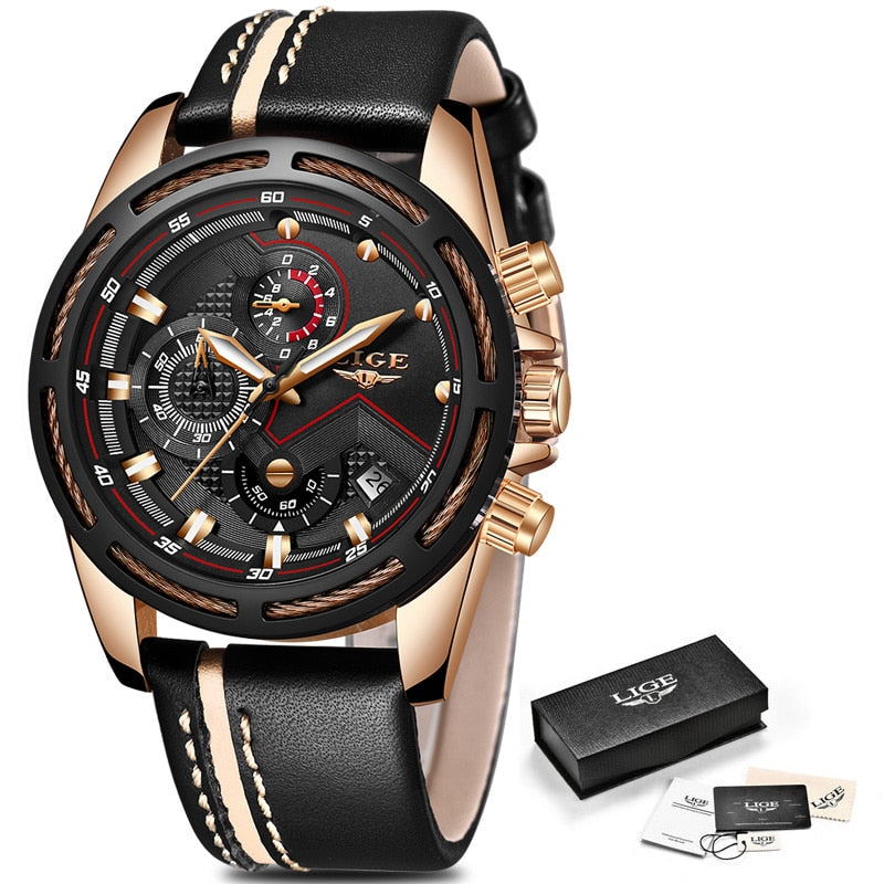 LIGE 9882 Men's Luxury Gold Sport Quartz Watch, Leather Band, Waterproof eprolo