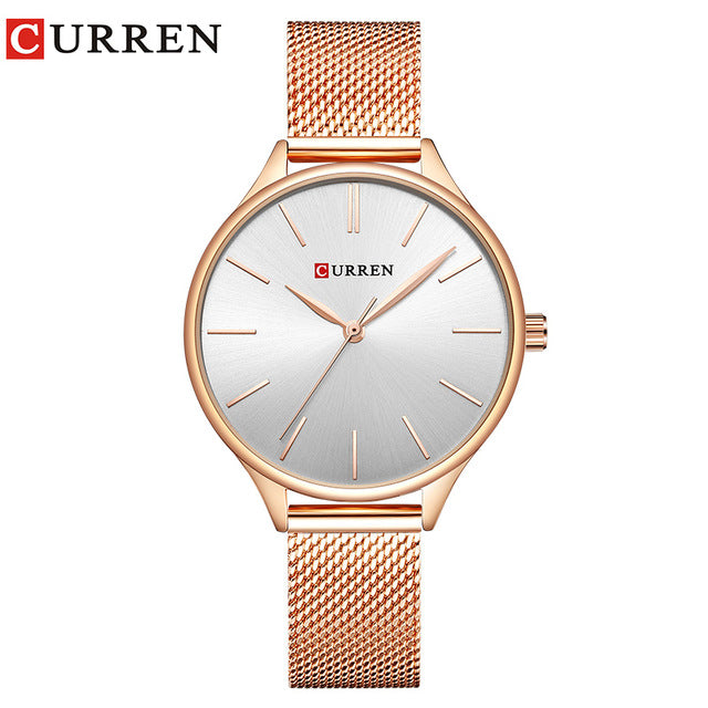 CURREN Women's Watch Luxury Rose Gold Milanese Steel Quartz Ladies Wristwatch