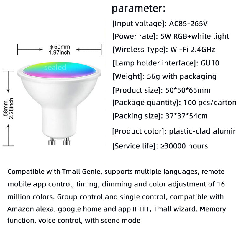 Tuya GU10 Smart Light Bulb RGB+WW+CW, WiFi Voice Control, Works with Google Assistant & Alexa eprolo