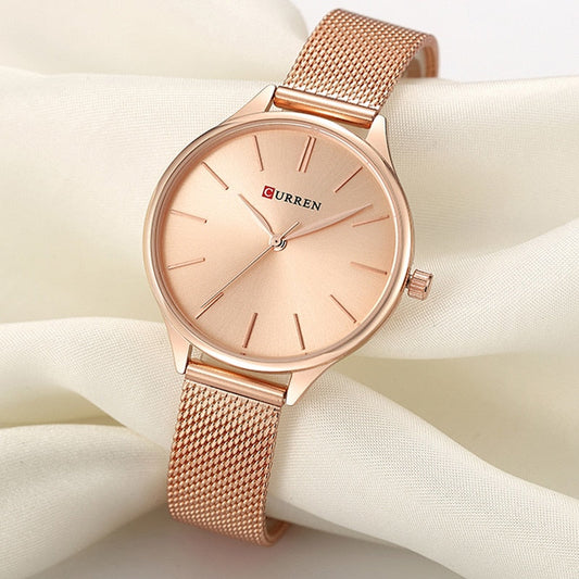 CURREN Women's Watch Luxury Rose Gold Milanese Steel Quartz Ladies Wristwatch eprolo