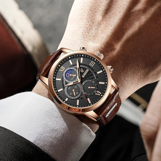 LIGE Men's Luxury Chronograph Watch - Leather Strap, Quartz Movement, Waterproof, 3ATM eprolo