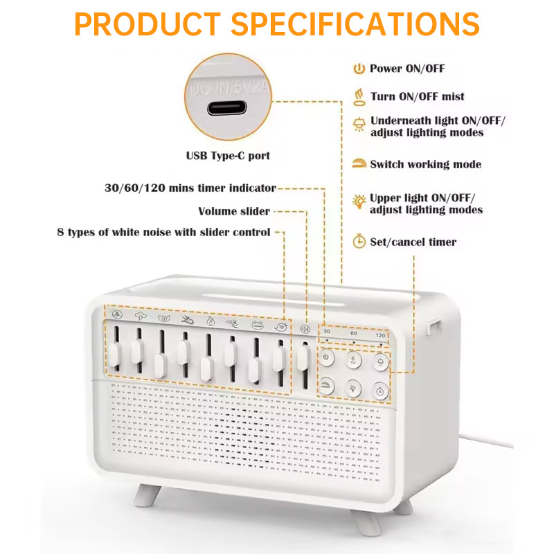8-Sound White Noise Diffuser Humidifier with Night Light & Bluetooth Speaker eprolo