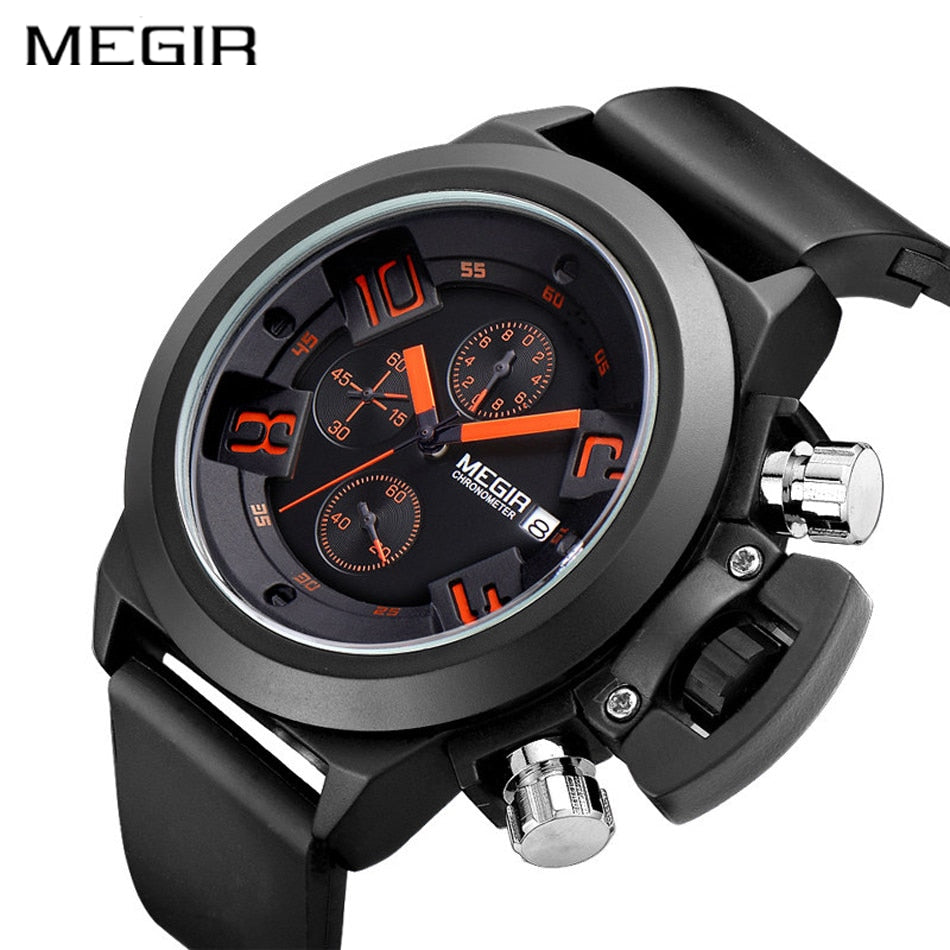 MEGIR 2002 Men's Military Chronograph Watch, 48mm Sport Quartz Watch Waterproof Black/White eprolo