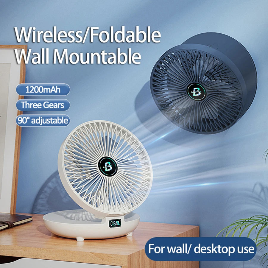 CIBAIL 2-in-1 Folding Desktop & Wall Mounted Fan, Rechargeable, 3 Gears, Quiet, Portable for Home Office eprolo
