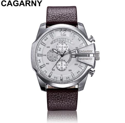 CAGARNY 6839 Men's Military Quartz Watch Stainless Steel Leather Strap Sport