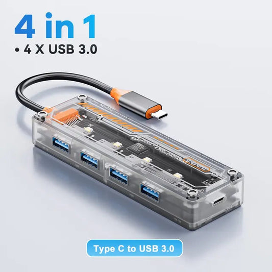 ASOMETECH 4-in-1 USB-C to 4 USB 3.0 Transparent Hub for Mac & More eprolo