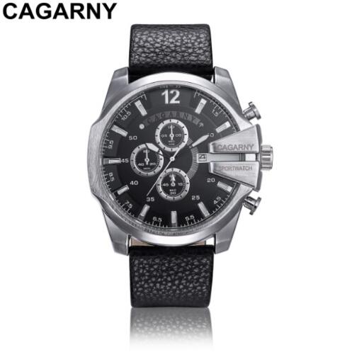 CAGARNY 6839 Men's Military Quartz Watch Stainless Steel Leather Strap Sport